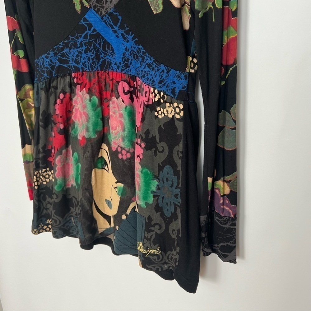 DESIGUAL V Neck Embroidered Multi Print Top Long Sleeve Small - Picture 7 of 12